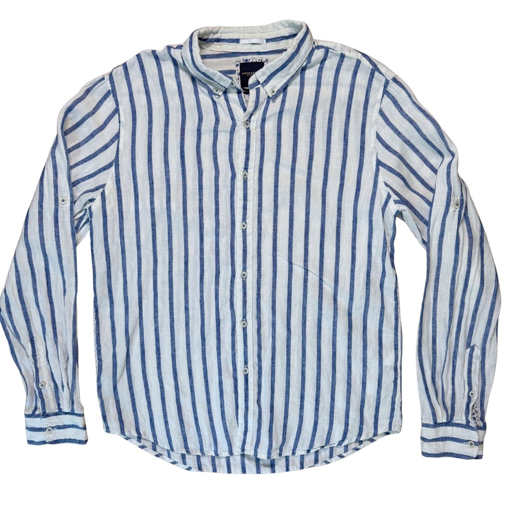 Denim & Flower Ricky Singh Men’s Blue and White Striped Linen Long Sleeve Shirt